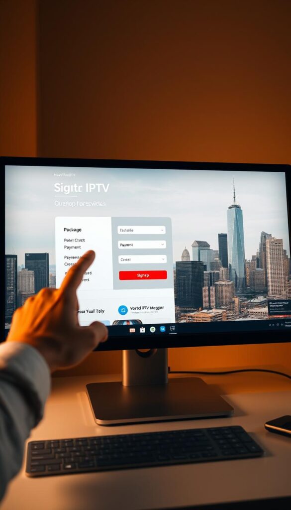 A sleek, modern desktop computer with a stylish monitor displays the Hoxtoon Provider IPTV subscription process. In the foreground, a hand clicks through the website, navigating the intuitive signup flow. The middle ground features a clean, well-organized interface with clear options for package selection, payment, and account creation. In the background, a city skyline with towering skyscrapers suggests the global reach and reliability of the Hoxtoon IPTV service. Soft, warm lighting creates a professional, trustworthy atmosphere, inviting the viewer to seamlessly join the Hoxtoon community.