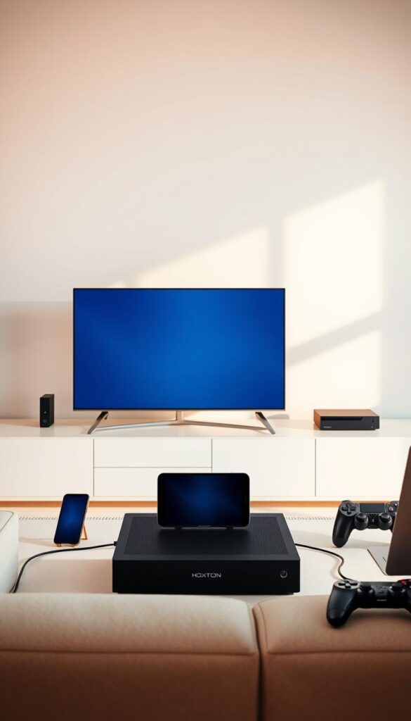 A sleek, modern device arrangement showcasing the multi-device compatibility of a Hoxtoon Provider IPTV subscription. In the foreground, a minimalist smart TV and tablet display crystal-clear streaming, while a smartphone, laptop, and gaming console surround them, all seamlessly connected. The middle ground features a clean, uncluttered workspace, bathed in warm, natural lighting that highlights the versatility of the setup. In the background, a subtle gradient backdrop creates a sense of depth and sophistication. The overall scene conveys the effortless, cutting-edge experience of the Hoxtoon Provider IPTV service, designed to elevate entertainment across a wide range of devices.