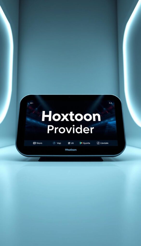 A sleek, modern digital device displaying the Hoxtoon Provider brand name, showcasing the seamless integration of a sports IPTV service. The screen presents a visually appealing user interface, highlighting the multi-device compatibility with smartphones, tablets, smart TVs, and other connected platforms. The device is surrounded by a minimalist, high-tech environment, with clean lines and subtle lighting accents that convey a sense of technological sophistication. The overall composition emphasizes the versatility and accessibility of the Hoxtoon sports IPTV service, catering to the diverse needs of modern sports enthusiasts across multiple devices.