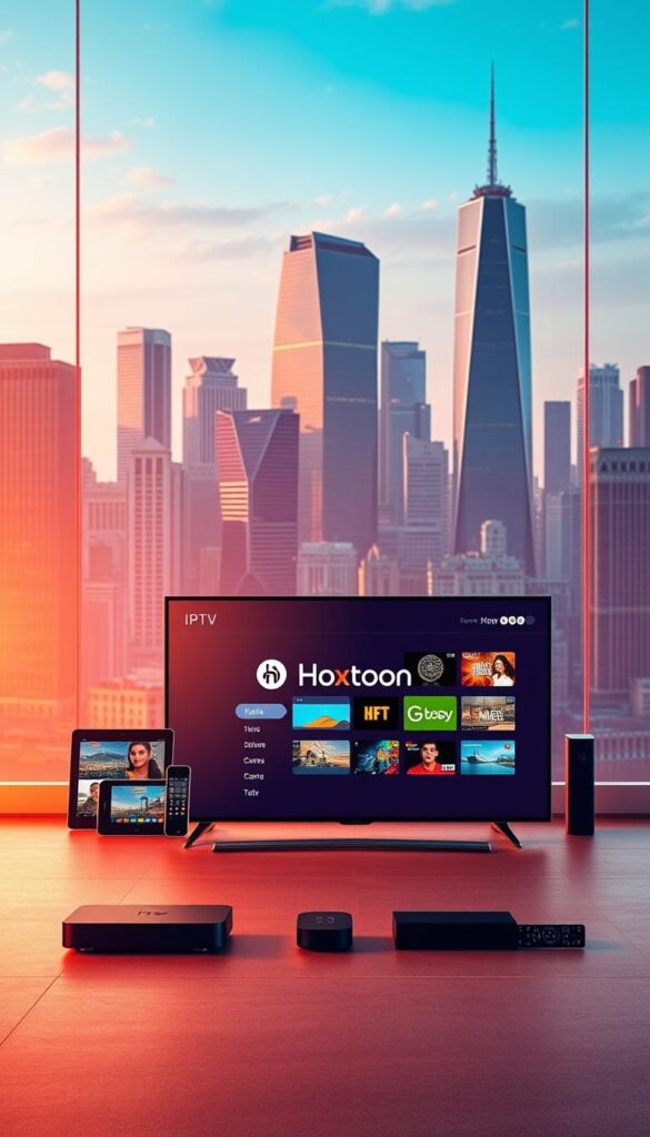 A sleek, modern digital landscape showcasing the power of IPTV services. In the foreground, a smart TV displaying the Hoxtoon Provider brand, its crisp interface inviting exploration of a vast library of content. In the middle ground, various connected devices - tablets, smartphones, and streaming boxes - highlighting the versatility of IPTV across multiple platforms. The background features a cityscape with towering skyscrapers, conveying the integration of IPTV within the digital infrastructure of today's world. The scene is bathed in a warm, vibrant lighting, creating a sense of energy and innovation. Detailed textures, clean lines, and a minimalist aesthetic evoke the cutting-edge technology that defines modern IPTV services.