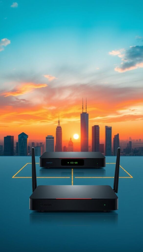 A sleek, modern digital network diagram depicting the Hoxtoon Provider IPTV technology. In the foreground, a stylized router and streaming device showcase the seamless integration of hardware and software. The middle ground features a cityscape of skyscrapers, representing the wide coverage and accessibility of the IPTV service. In the background, a vibrant sunset sky bathes the scene in a warm, inviting glow, symbolizing the future-facing nature of this cutting-edge technology. The composition is balanced, with clean lines and a minimalist aesthetic, highlighting the efficiency and reliability of the Hoxtoon Provider IPTV solution.