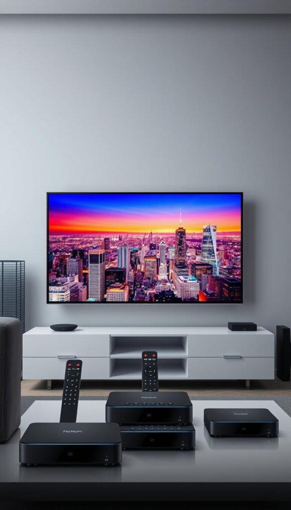 A sleek, modern digital television broadcasting interface, showcasing the Hoxtoon Provider IPTV technology. In the foreground, a 4K UHD smart TV displays a vibrant, high-definition live stream, with crisp visuals and rich colors. Surrounding the TV, a minimalist entertainment system with clean lines and a streamlined, futuristic design. In the middle ground, various IPTV device remotes and set-top boxes, highlighting the versatility of the Hoxtoon Provider platform. The background features a cityscape of skyscrapers and a starry night sky, conveying the global reach and advanced infrastructure of the IPTV system. The overall scene exudes a sense of cutting-edge technology, sophisticated entertainment, and seamless digital connectivity.