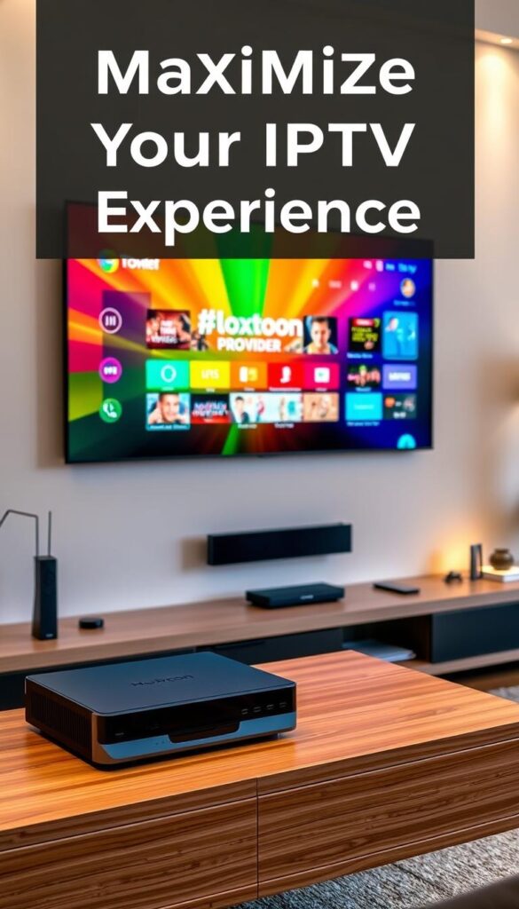 A sleek, modern home entertainment setup featuring a large, high-definition television screen displaying a vibrant, colorful IPTV interface. The screen showcases the Hoxtoon Provider brand, with a clean, intuitive design and a wide selection of streaming content. In the foreground, a state-of-the-art media center or streaming device sits neatly on a minimalist, wooden entertainment console, surrounded by ambient lighting and carefully curated decor. The overall scene conveys a sense of comfort, convenience, and limitless entertainment possibilities, capturing the essence of "Maximizing Your IPTV Experience."