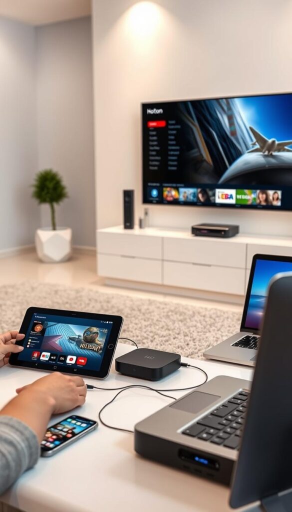 A sleek, modern home entertainment setup showcasing a variety of devices seamlessly connected to the Hoxtoon Provider IPTV service. In the foreground, a state-of-the-art smart TV displays crisp, high-definition content. Surrounding it, a tablet, smartphone, and laptop showcase the multi-device compatibility, allowing users to stream on up to 6 devices simultaneously. The middle ground features a cable box and a streaming device, highlighting the diverse options for accessing the Hoxtoon IPTV service. In the background, a minimalist, well-lit living room setting creates a cozy, inviting atmosphere for an immersive viewing experience. The overall scene conveys the ease and convenience of the Hoxtoon Provider's IPTV solution, catering to the modern, tech-savvy household.