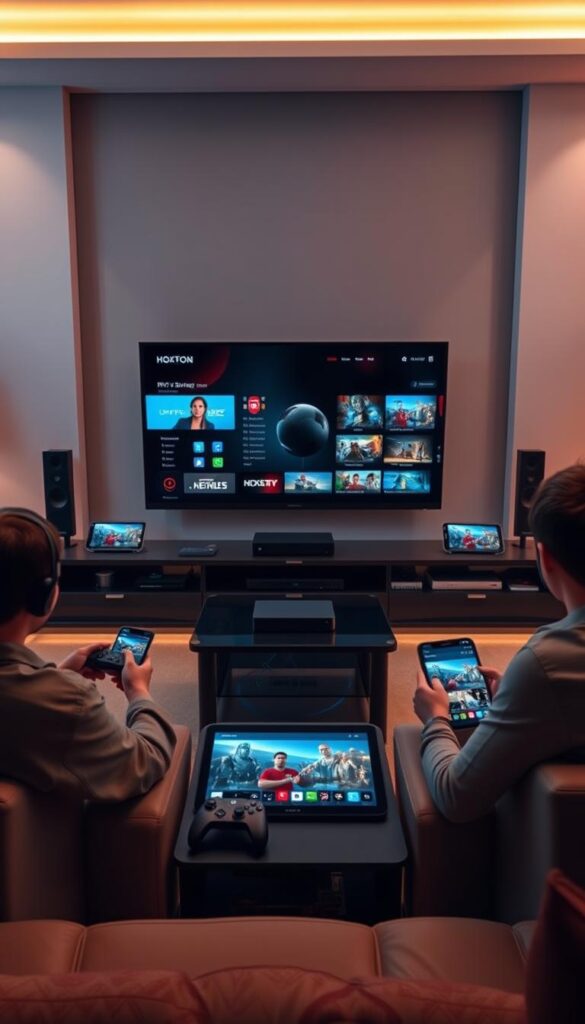 A sleek, modern home entertainment setup with multiple devices seamlessly streaming IPTV channels from the Hoxtoon Provider. A large 4K TV in the center, flanked by high-end gaming consoles, tablets, and smartphones, all effortlessly accessing a vast library of live and on-demand content. Warm, inviting lighting casts a soft glow, creating a cozy and immersive viewing experience. The scene conveys the convenience and flexibility of the Hoxtoon IPTV service, allowing users to watch their favorite shows, movies, and live events on any device, anywhere in the home.