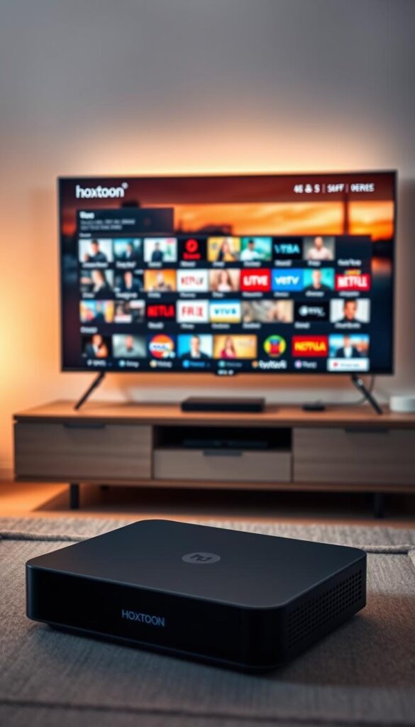 A sleek, modern home entertainment system showcasing the premium IPTV service provided by Hoxtoon. The foreground features a high-definition television displaying crystal-clear video from Hoxtoon's extensive channel lineup. Soft, warm lighting illuminates the scene, creating a cozy and inviting atmosphere. In the middle ground, a state-of-the-art streaming media player blends seamlessly into the setup, symbolizing the advanced technology powering the Hoxtoon IPTV experience. The background subtly hints at a contemporary living space, with clean lines and minimal decor that complement the premium nature of the Hoxtoon service. The overall composition conveys the exceptional streaming quality and performance that Hoxtoon delivers, making it the perfect choice for discerning viewers.