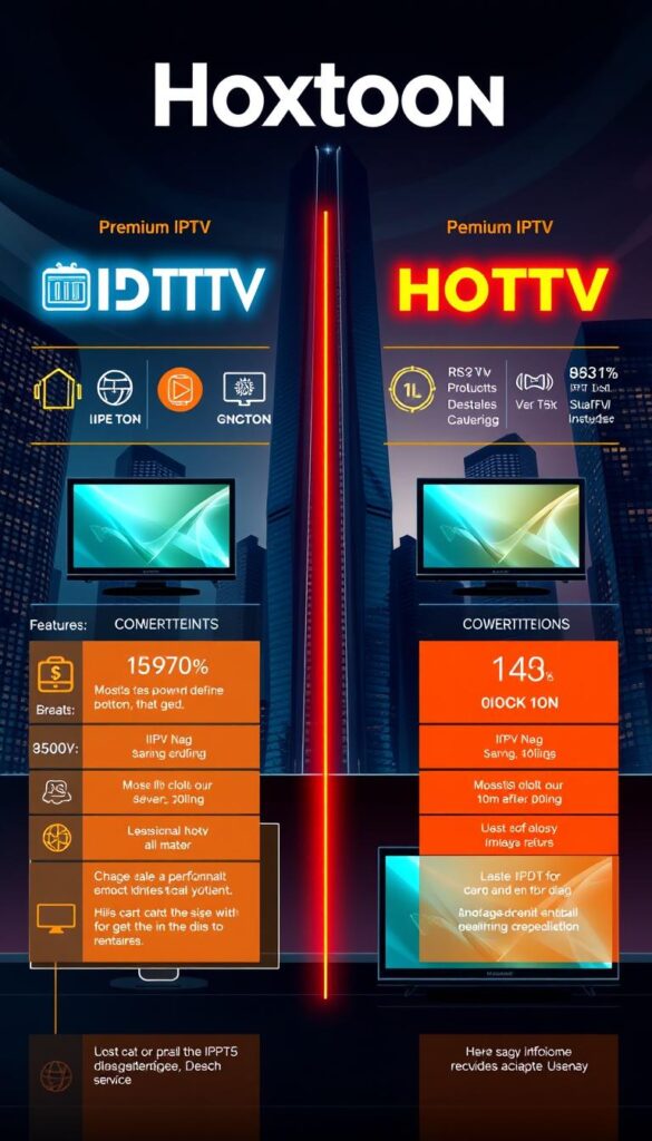 A sleek, modern illustration showcasing a side-by-side comparison of the Hoxtoon Provider IPTV service against other premium IPTV options. In the foreground, bold, neon-lit icons and infographic elements highlight key features, performance metrics, and subscription details for Hoxtoon and its competitors. The middle ground features stylized device mockups displaying IPTV interfaces, while the background depicts a dramatic cityscape with towering skyscrapers, hinting at the global reach and reliability of these premium IPTV services. Cinematic lighting and a sophisticated, high-tech color palette convey a sense of professionalism and authority in the IPTV market.