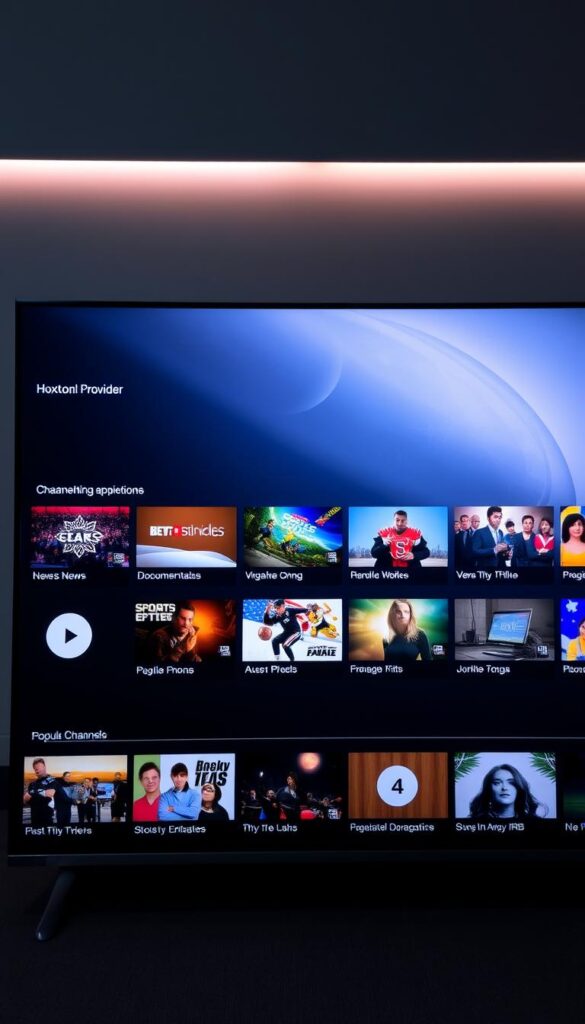A sleek, modern interface showcasing a diverse array of channel categories and programming options. In the foreground, a minimalist display highlights various genres and content types, from news and documentaries to sports and entertainment. The middle ground features dynamic thumbnails of popular channels, each with a distinct visual identity. In the background, a subtle gradient creates a sense of depth, with subtle lighting and camera angles accentuating the clean, high-tech aesthetic. The "Hoxtoon Provider" branding is integrated seamlessly, adding a touch of premium quality to the overall scene.