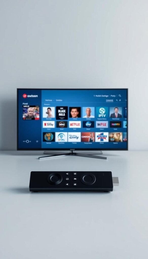 A sleek, modern interface showcasing the Hoxtoon Provider IPTV service on a Firestick device. The screen displays a curated selection of live TV channels, on-demand content, and intuitive navigation tools. The device is positioned in a well-lit, minimalist setting, highlighting the clean lines and compact design. The background features a subtle gradient or textured surface, creating a sense of depth and professionalism. The overall composition conveys the ease of installation and the comprehensive features of the Hoxtoon IPTV solution for Firestick users.