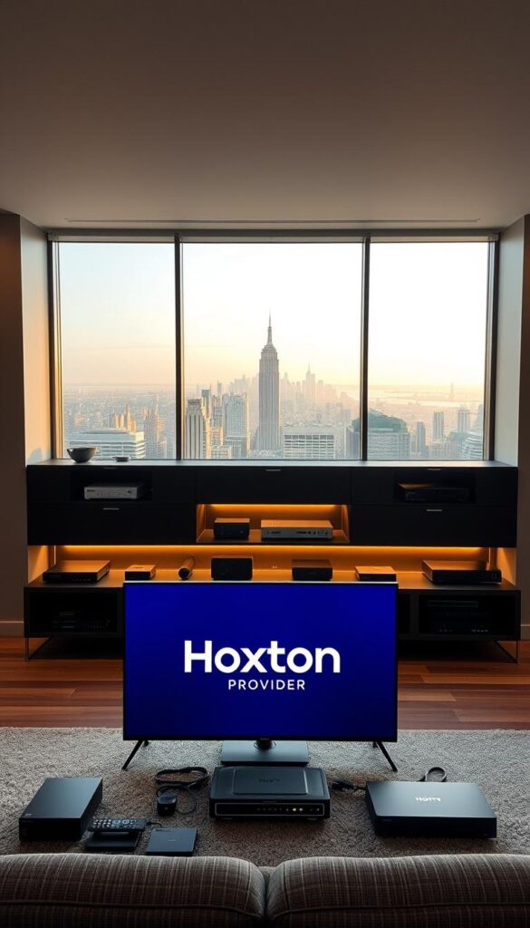 A sleek, modern interior setting showcasing the latest IPTV technology. In the foreground, a state-of-the-art 4K television displays the Hoxtoon Provider logo, surrounded by an array of smart home devices and streaming accessories. The middle ground features a minimalist, ergonomic entertainment center housing various media players and routers, illuminated by soft, indirect lighting. The background depicts a large window overlooking a cityscape, allowing natural light to filter in and create a warm, inviting atmosphere. The overall scene conveys the seamless integration of IPTV into a contemporary, tech-savvy living space.