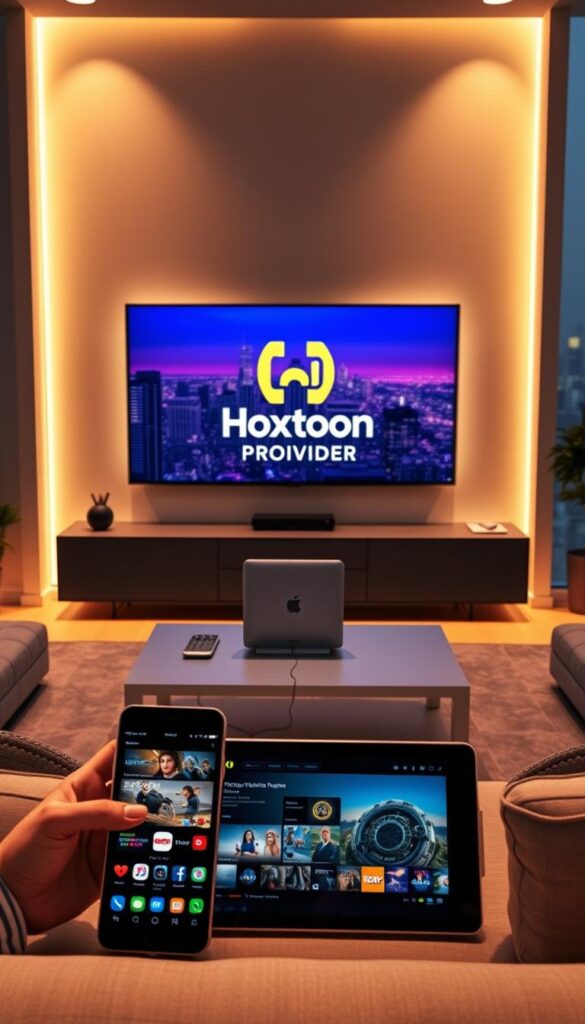A sleek, modern interior with a central display showcasing the Hoxtoon Provider logo. The foreground features various smart devices - a smartphone, tablet, and smart TV - seamlessly connected and streaming content. Soft, warm lighting illuminates the scene, creating a cozy and inviting atmosphere. The middle ground showcases a minimalist desk setup, with a laptop and remote control, emphasizing the multi-device compatibility of the Hoxtoon Provider platform. The background features a large window overlooking a cityscape, symbolizing the widespread accessibility and reach of the service. The overall composition conveys a sense of technological integration, convenience, and entertainment at the fingertips.