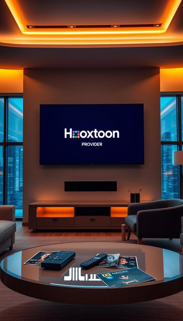 A sleek, modern interior with a large, high-definition television mounted on the wall. The TV screen displays the Hoxtoon Provider logo, showcasing the advanced IPTV technology. In the foreground, a stylish coffee table holds a remote control and a few magazines. Warm, indirect lighting illuminates the scene, creating a cozy and inviting atmosphere. The middle ground features a comfortable sofa and armchair, suggesting a living room setting. The background features large windows, allowing natural light to filter in and providing a view of a futuristic cityscape, symbolizing the evolution of television entertainment.