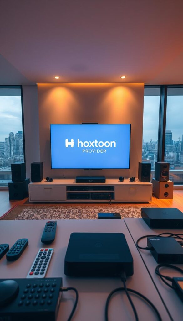 A sleek, modern interior with high-tech OTT media devices and streaming services prominently displayed. The centerpiece is a large flatscreen TV surrounded by a minimalist entertainment system, with the Hoxtoon Provider logo prominently featured. The room is bathed in warm, indirect lighting, creating a cozy and inviting atmosphere. In the foreground, various remote controls, streaming devices, and networking equipment are neatly arranged, conveying the technical sophistication of the Hoxtoon service. The background features floor-to-ceiling windows overlooking a city skyline, suggesting the global reach and advanced capabilities of the OTT platform.