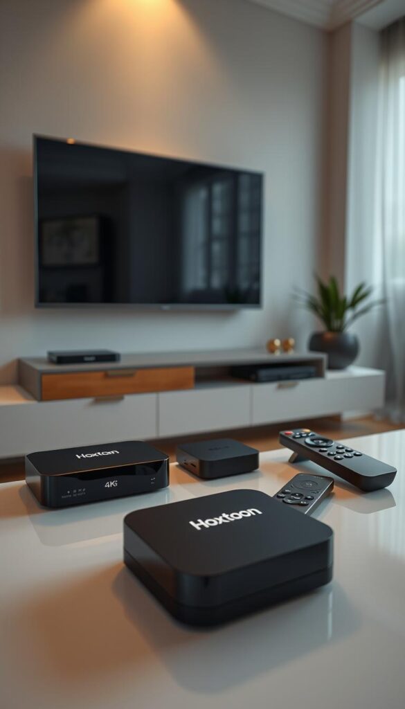 A sleek, modern living room with a large 4K HDTV and three cutting-edge streaming devices arranged neatly on a minimalist media console. Soft, warm lighting illuminates the space, creating a cozy, inviting atmosphere. In the foreground, the Hoxtoon Provider logo is prominently displayed on one of the streaming devices, highlighting its integration with the IPTV service. The middle ground features the various streaming remotes and connections, showcasing the ease of setup and use. The background includes subtle hints of the wider living environment, such as a potted plant or a framed artwork, to establish a sense of place. The overall composition conveys the seamless experience of enjoying 4K content from Hoxtoon Provider on high-quality hardware.