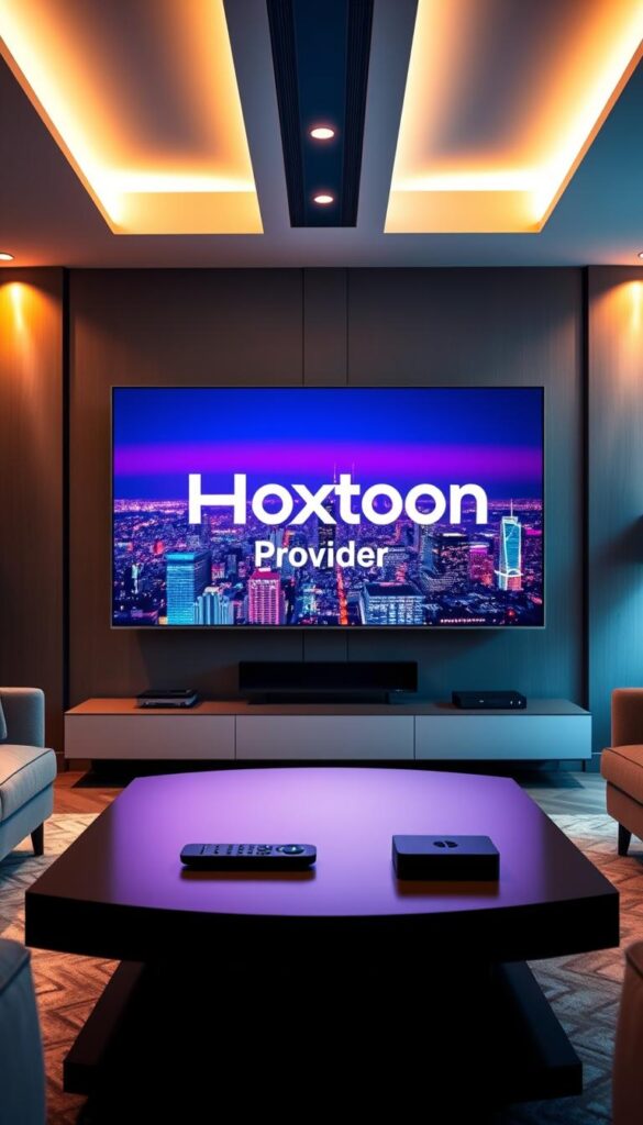 A sleek, modern living room with a large TV screen displaying the Hoxtoon Provider logo against a backdrop of a vibrant cityscape. The room is bathed in warm, soft lighting, creating a cozy and inviting atmosphere. In the foreground, a coffee table with a remote control and a streaming device emphasize the ease of use and convenience of the Hoxtoon IPTV service. The room is furnished with contemporary, minimalist furniture, reflecting the premium and sophisticated nature of the service. The cityscape in the background suggests the global reach and accessibility of Hoxtoon's IPTV offerings. The overall scene conveys a sense of elevated entertainment and seamless streaming experience.