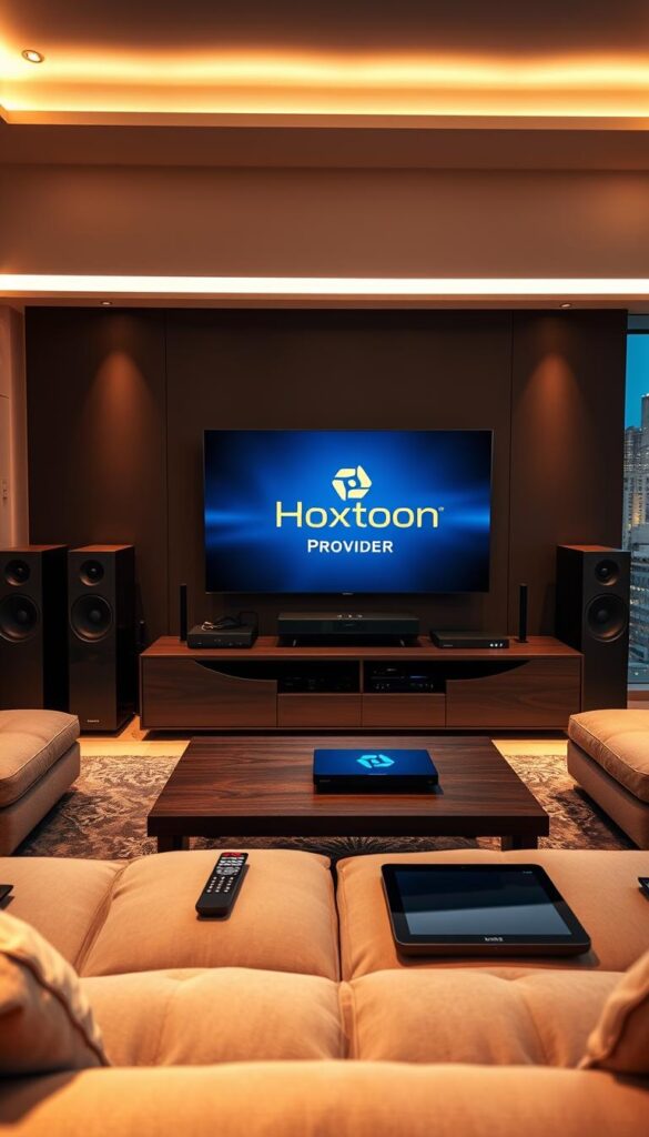 A sleek, modern living room with a large flat-screen TV displaying the Hoxtoon Provider logo. The TV is surrounded by state-of-the-art home entertainment equipment, including a high-end sound system and streaming devices. The room is bathed in warm, ambient lighting, creating a cozy and inviting atmosphere. In the foreground, a coffee table holds a remote control and a tablet, hinting at the seamless integration of IPTV technology into the home. The middle ground features plush, comfortable seating, while the background showcases large windows overlooking a cityscape, emphasizing the connection between modern technology and urban living.