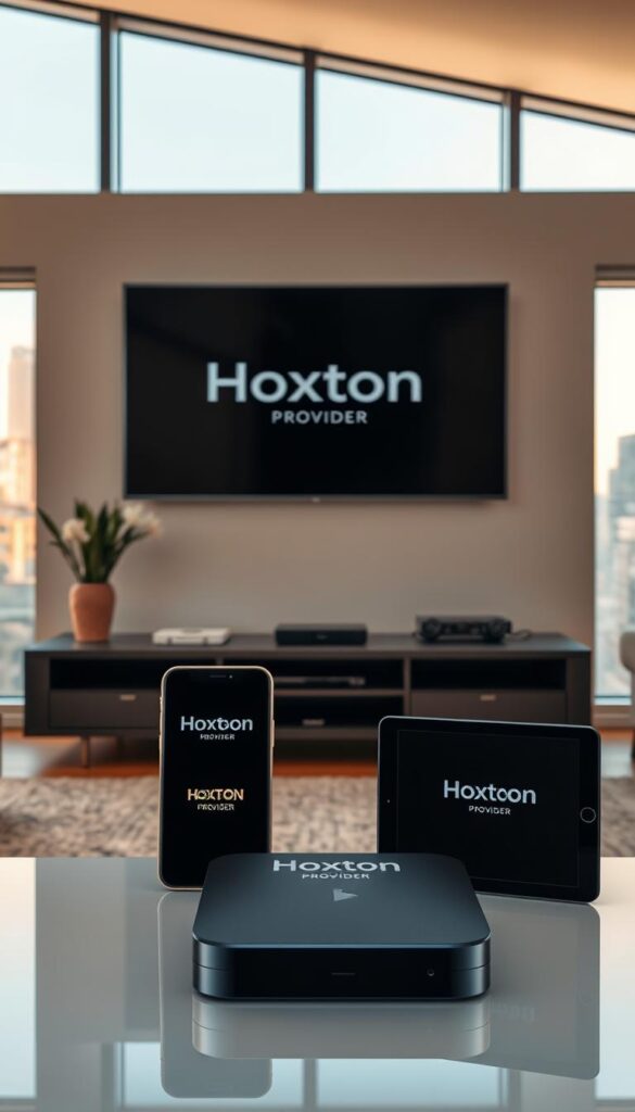 A sleek, modern living room with a large flat-screen TV mounted on the wall. In the foreground, various devices such as a smartphone, tablet, and streaming box are arranged, all displaying the "Hoxtoon Provider" logo, showcasing the multi-device streaming capabilities. The room is bathed in a warm, inviting light, creating a cozy and relaxed atmosphere. The background features large windows overlooking a cityscape, adding depth and a sense of connectivity. The composition emphasizes the seamless integration of entertainment across multiple screens, highlighting the convenience and versatility of the Hoxtoon platform.