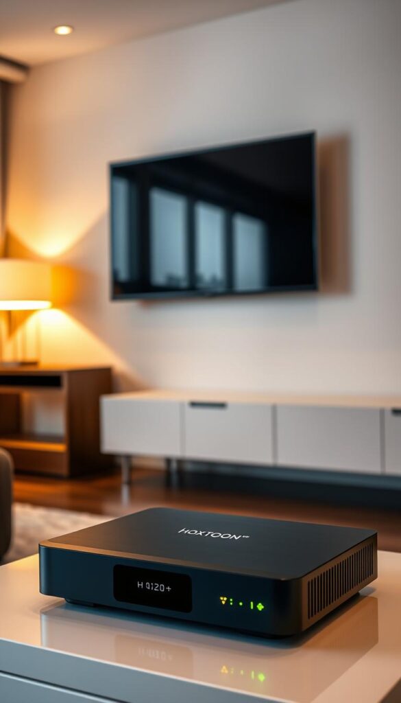 A sleek, modern living room with a large flat-screen TV mounted on the wall. In the foreground, a Hoxtoon Provider streaming device sits on a minimalist media cabinet, its glowing LED indicating it is powered on. The room is bathed in a warm, ambient lighting, creating a cozy atmosphere. In the background, a window looks out onto a cityscape, hinting at the boundless streaming possibilities enabled by IPTV technology. The entire scene conveys a sense of technological sophistication and the evolution of television entertainment.