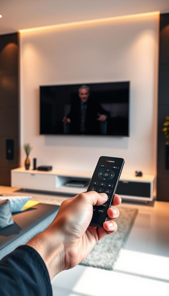A sleek, modern living room with a large flat-screen TV mounted on the wall. In the foreground, a hand holds a premium remote control, highlighting the multi-device streaming capabilities of the "Hoxtoon Provider" IPTV service. The room is bathed in warm, ambient lighting, creating a cozy and inviting atmosphere. The background features a minimalist, yet elegant decor, with subtle hints of technological elements to emphasize the advanced nature of the IPTV system. The overall composition conveys a sense of effortless, high-quality entertainment and seamless integration into a contemporary home environment.