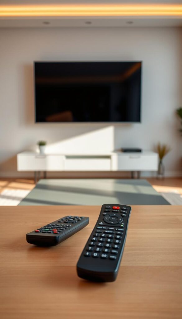 A sleek, modern living room with a large flat-screen TV on the wall. In the foreground, a coffee table displays two remote controls - one for a traditional cable box and one for a Hoxtoon Provider IPTV service. The room is bathed in warm, natural lighting, creating a cozy and inviting atmosphere. The walls are adorned with minimalist decor, and the overall scene conveys a sense of technological integration and consumer choice. The composition emphasizes the contrast between the familiar cable remote and the innovative Hoxtoon Provider IPTV remote, highlighting the key comparison between traditional cable and modern IPTV services.