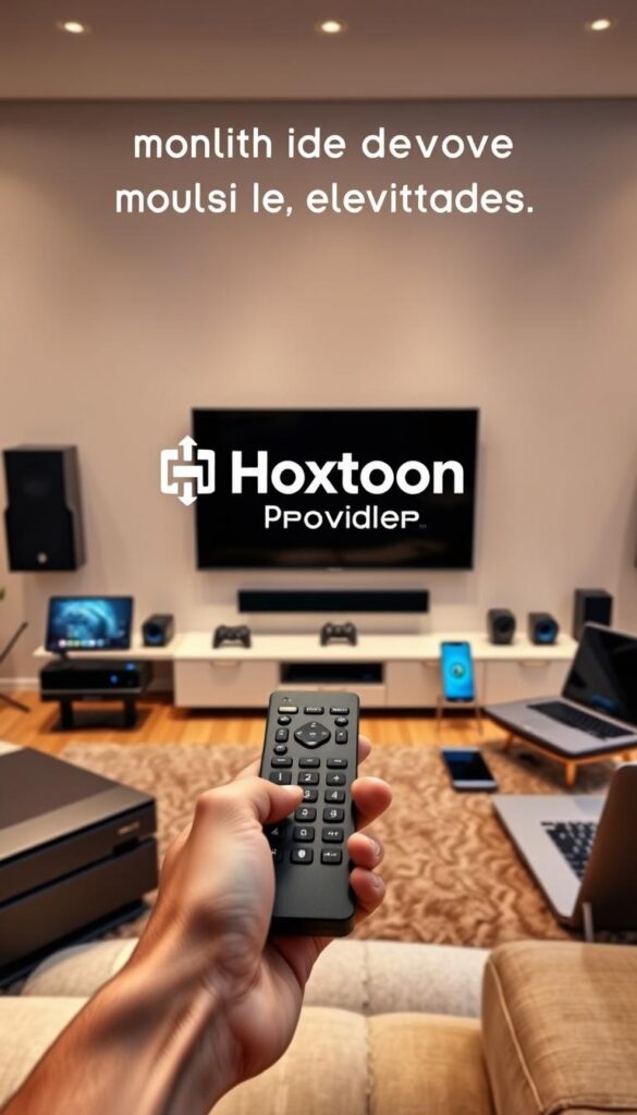 A sleek, modern living room with a large flatscreen TV mounted on the wall, surrounded by various electronic devices such as a gaming console, a tablet, a smartphone, and a laptop. In the foreground, a person's hands are holding a remote control, symbolizing the ease of controlling multiple devices with a single interface. The room is well-lit, with a warm, inviting atmosphere. In the background, the Hoxtoon Provider logo is prominently displayed, conveying the idea of seamless multi-device compatibility for the IPTV service.