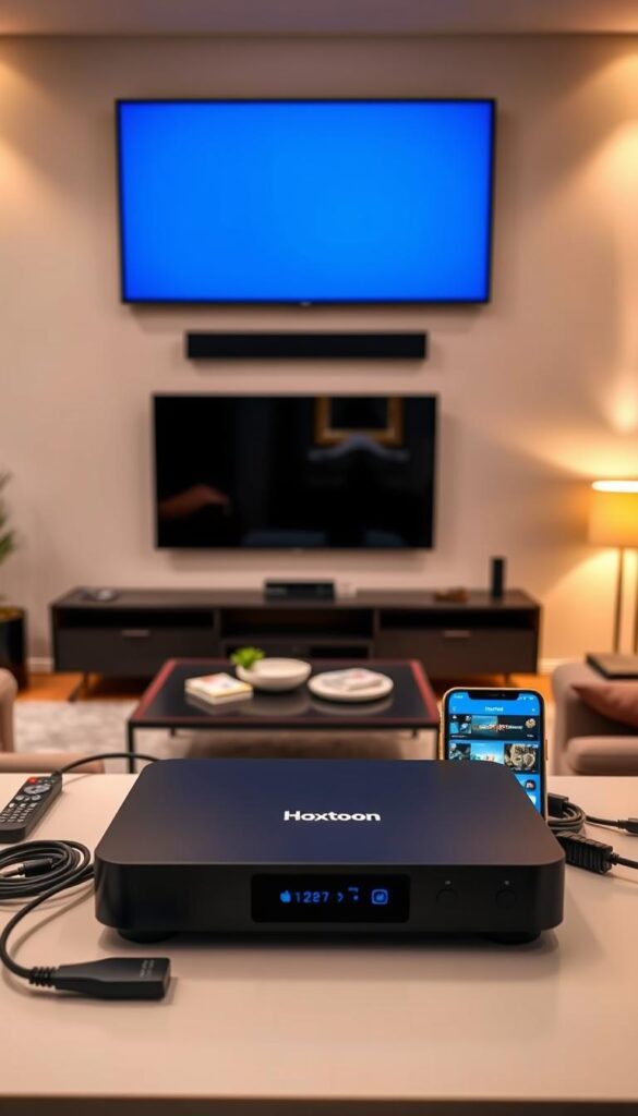 A sleek, modern living room with a large flatscreen TV mounted on the wall. In the foreground, a minimalist entertainment center showcases a streaming device labeled "Hoxtoon Provider", surrounded by neatly organized remotes and cables. The middle ground features a comfortable couch and coffee table, with a side table displaying a tablet or smartphone showing IPTV content. The background is softly lit, with warm lighting and a neutral color palette, creating a cozy, inviting atmosphere. The overall scene conveys the convenience and versatility of the Hoxtoon IPTV service compared to traditional cable TV.