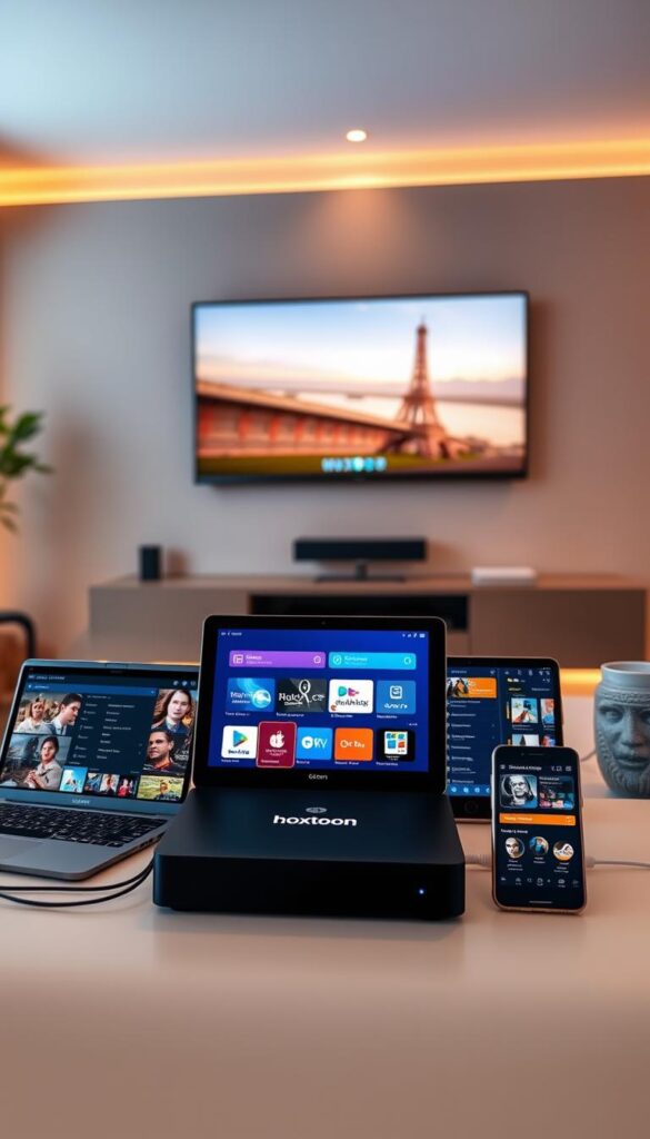 A sleek, modern living room with a large flatscreen TV mounted on the wall. In the foreground, an array of streaming devices including a Hoxtoon Provider box, a laptop, a tablet, and a smartphone, all connected and displaying various IPTV channels and on-demand content. The room is bathed in warm, ambient lighting, creating a cozy and inviting atmosphere. The devices are arranged in a visually appealing composition, highlighting the multi-device compatibility and seamless IPTV streaming experience. The overall scene conveys a sense of advanced technology, convenience, and entertainment at the user's fingertips.