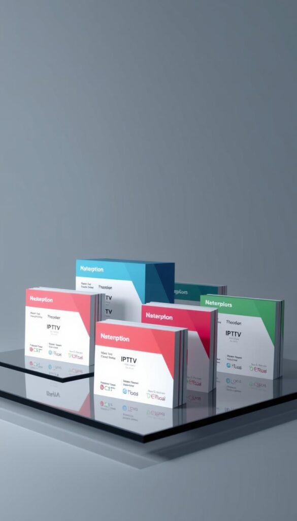 A sleek, modern-looking arrangement of several IPTV subscription packages offered by the Hoxtoon Provider. The packages are presented on glass or acrylic surfaces, with clean lines and a minimalist aesthetic. The lighting is soft and diffused, creating a sense of sophistication and professionalism. The packages are displayed against a blurred, out-of-focus background, allowing the viewer to focus on the key details of the offerings. The overall composition is balanced and visually appealing, conveying a sense of high-quality service and reliable, tailored solutions for the IPTV customer.
