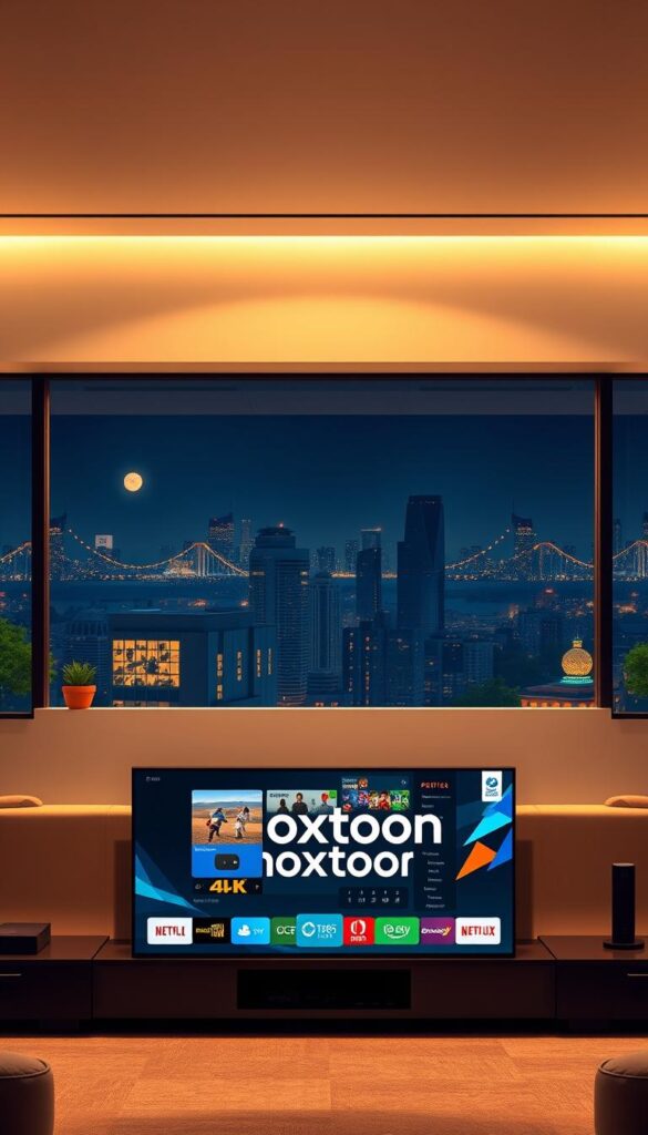 A sleek, modern-looking illustration of the "Hoxtoon Provider" brand, showcasing their IPTV service. The foreground features a high-quality, 4K television displaying a range of premium content, with the Hoxtoon logo prominently displayed. In the middle ground, a stylized illustration of a living room setup with comfortable seating and a clean, minimalist design. The background depicts a city skyline at night, with bright lights and a sense of urban sophistication. The overall mood is one of high-end entertainment and reliable IPTV service. The lighting is warm and inviting, with a focus on creating a premium, aspirational feel.