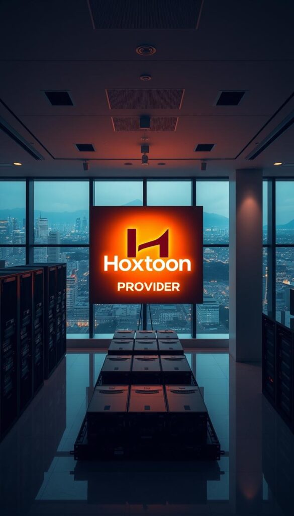 A sleek, modern office interior showcasing the Hoxtoon Provider brand. A large, backlit logo dominates the foreground, casting a warm glow across the room. In the middle ground, rows of state-of-the-art networking equipment and servers, meticulously arranged. The background features floor-to-ceiling windows, offering a panoramic view of a bustling cityscape. Soft, directional lighting illuminates the scene, creating a sense of professionalism and technological sophistication. The overall atmosphere conveys the reliability, cutting-edge capabilities, and premier status of the Hoxtoon Provider IPTV service.