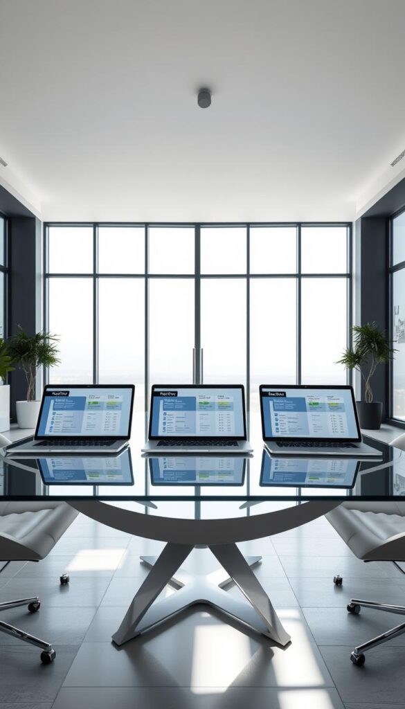 A sleek, modern office interior with a central glass conference table. On the table, three laptops display detailed comparisons of IPTV service providers, including the "Hoxtoon Provider". Bright, natural lighting streams in through floor-to-ceiling windows, creating a professional, technology-focused atmosphere. Minimalist decor and clean lines give the space an air of sophistication. The scene conveys a sense of informed decision-making and thorough evaluation of IPTV options.