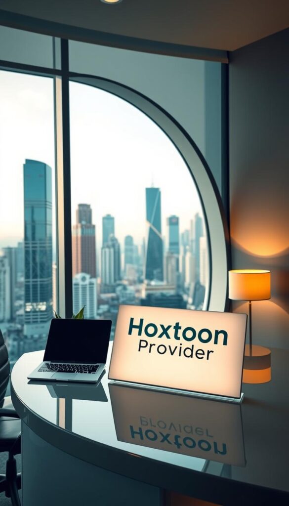 A sleek, modern office interior with a large, curved glass window overlooking a bustling city skyline. In the foreground, a well-designed desk with a laptop, a minimalist lamp, and a potted plant. On the desk, a prominent sign displays the "Hoxtoon Provider" brand name, conveying a sense of professionalism and reliability. The lighting is a warm, natural glow, creating a welcoming and sophisticated atmosphere. The overall scene suggests a leading IPTV premium service provider, offering a premium user experience.