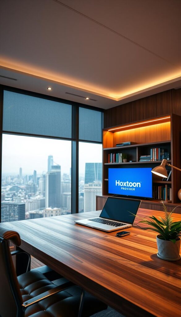 A sleek, modern office interior with a large window overlooking a bustling city skyline. In the center of the frame, a polished wooden desk with a laptop, a wireless keyboard, and a minimalist lamp. Behind the desk, a well-stocked bookshelf and a wall-mounted TV displaying the Hoxtoon Provider logo. The lighting is warm and inviting, creating a professional yet comfortable atmosphere. In the foreground, a leather office chair, and a potted plant on the desk add a touch of greenery. The overall composition conveys the image of a successful, tech-savvy IPTV provider offering a wide range of channels and on-demand content.