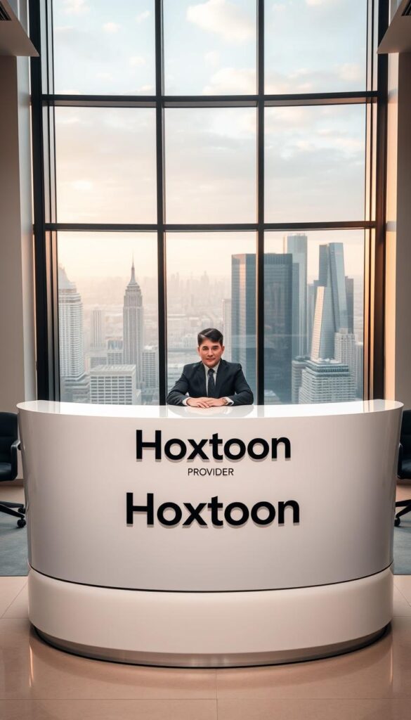 A sleek, modern office interior with floor-to-ceiling windows overlooking a bustling city skyline. In the center of the frame, a large, curved desk with a minimalist design and a prominent "Hoxtoon Provider" logo prominently displayed. Sitting behind the desk is a well-dressed professional, exuding confidence and expertise. The lighting is soft and warm, creating a welcoming and sophisticated atmosphere. The background features modern, geometric architectural elements and a hint of the city beyond, conveying a sense of scale and success. The overall composition is balanced and visually striking, reflecting the reputation of Hoxtoon as a leading IPTV provider in the USA.