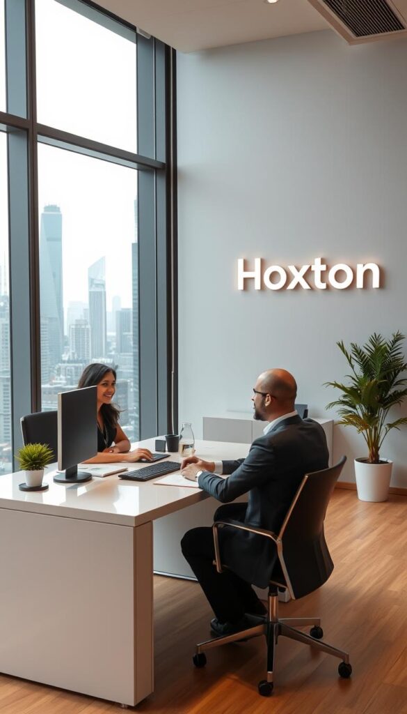 A sleek, modern office interior with large windows overlooking a bustling city skyline. In the foreground, a customer service representative from the Hoxtoon Provider company sits at a minimalist desk, engaged in a friendly discussion with a client. The representative's demeanor exudes professionalism and attentiveness, conveying the reliable and personalized support that Hoxtoon is known for. The background features the Hoxtoon logo prominently displayed on the wall, subtly reinforcing the brand's identity. The lighting is warm and inviting, creating a welcoming atmosphere that reflects Hoxtoon's commitment to customer satisfaction. The overall scene showcases the company's dedication to delivering a superior IPTV experience through exceptional service and support.