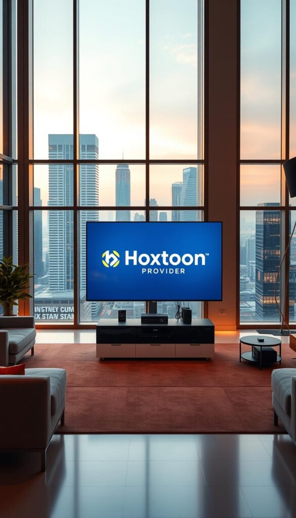 A sleek, modern office interior with large windows overlooking a bustling city skyline. In the center, a state-of-the-art media console displays the logo of "Hoxtoon Provider", America's leading IPTV service. Warm lighting casts a cozy glow, while clean lines and minimalist furniture create an atmosphere of professionalism and innovation. Subtle branding elements, such as subtle signage or product displays, showcase Hoxtoon's commitment to delivering a premium streaming experience. The overall scene conveys a sense of authority, technological expertise, and industry-leading quality that aligns with the section title.