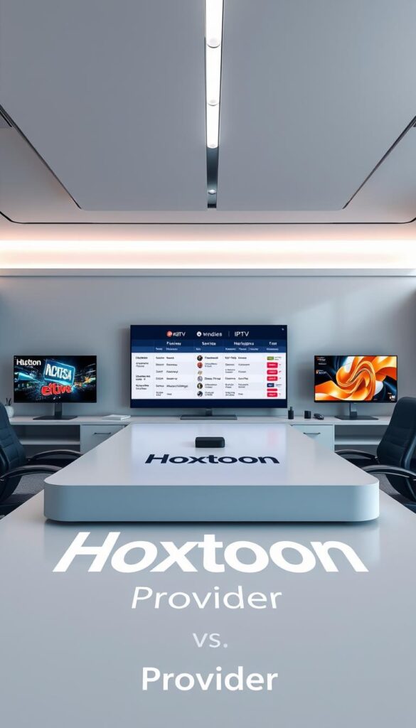 A sleek, modern office scene with a large desk showcasing various IPTV service providers. In the foreground, the "Hoxtoon Provider" brand takes center stage, its bold logo and design elements prominently displayed. The middle ground features a comparison of Hoxtoon's features and services against other leading IPTV options, presented on crisp, high-resolution screens. The background is a minimalist, well-lit space with clean lines and subtle accents, creating a professional and authoritative atmosphere. The overall composition conveys a sense of informed decision-making, highlighting Hoxtoon as a premier IPTV service provider.
