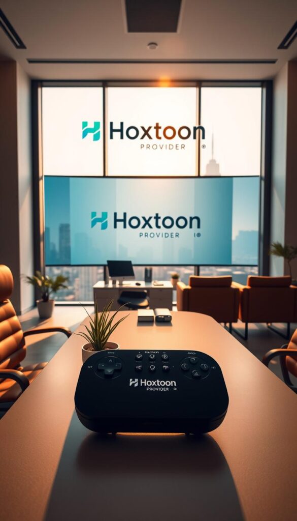 A sleek, modern office setting with a large, curved display showcasing the Hoxtoon Provider logo and branding. The room is bathed in warm, natural lighting from floor-to-ceiling windows, creating a inviting and professional atmosphere. In the foreground, a stylish, minimalist desk with a high-end computer setup and a small potted plant. On the desk, a compact remote control device prominently displays the Hoxtoon Provider name. The middle ground features comfortable leather seating and a few decorative elements, while the background depicts a cityscape with towering skyscrapers, hinting at the global reach and reliability of the Hoxtoon Provider service.