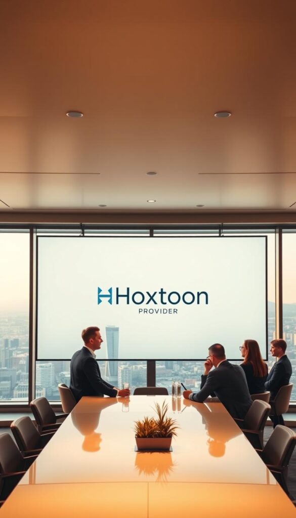 A sleek, modern office setting with a large flat-screen display showcasing the Hoxtoon Provider logo. In the foreground, a team of professionals in business attire gathered around a conference table, engaged in a discussion. Warm, indirect lighting casts a comfortable glow, highlighting the polished surfaces and high-end furnishings. The background features a panoramic view of a bustling city skyline, conveying a sense of scale and the company's industry prominence. The overall composition exudes professionalism, innovation, and the promise of a cutting-edge IPTV service.