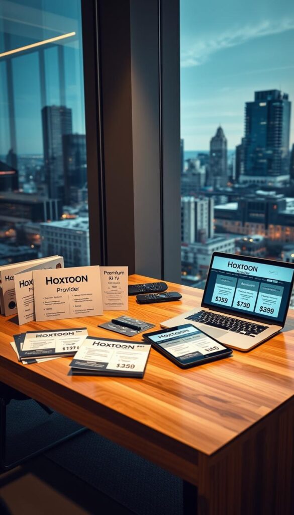 A sleek, modern office setting with a large glass window overlooking a bustling city skyline. In the foreground, a wooden table displays various digital devices showcasing the "Hoxtoon Provider" brand name. On the table, there are brochures, tablets, and a laptop displaying subscription plan options with clear pricing and feature details. The lighting is soft and warm, creating a professional yet inviting atmosphere. The overall composition emphasizes the flexibility and affordability of Hoxtoon's premium IPTV plans, catering to the needs of the modern streaming audience.