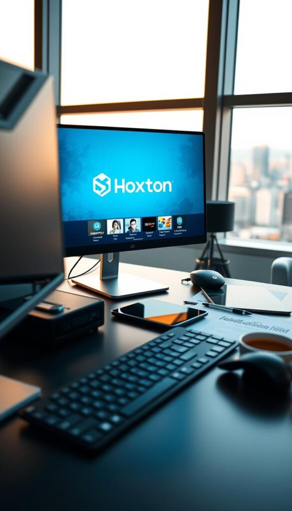 A sleek, modern office setup with a desktop computer, keyboard, and mouse in the foreground. The computer screen displays an IPTV streaming interface with the Hoxtoon Provider logo prominently featured. In the middle ground, a neatly organized desk with papers, a tablet, and a cup of coffee. The background features a large window overlooking a cityscape, with warm, diffused lighting filtering in. The overall scene conveys a sense of efficiency, productivity, and the seamless integration of IPTV technology into a professional workspace.