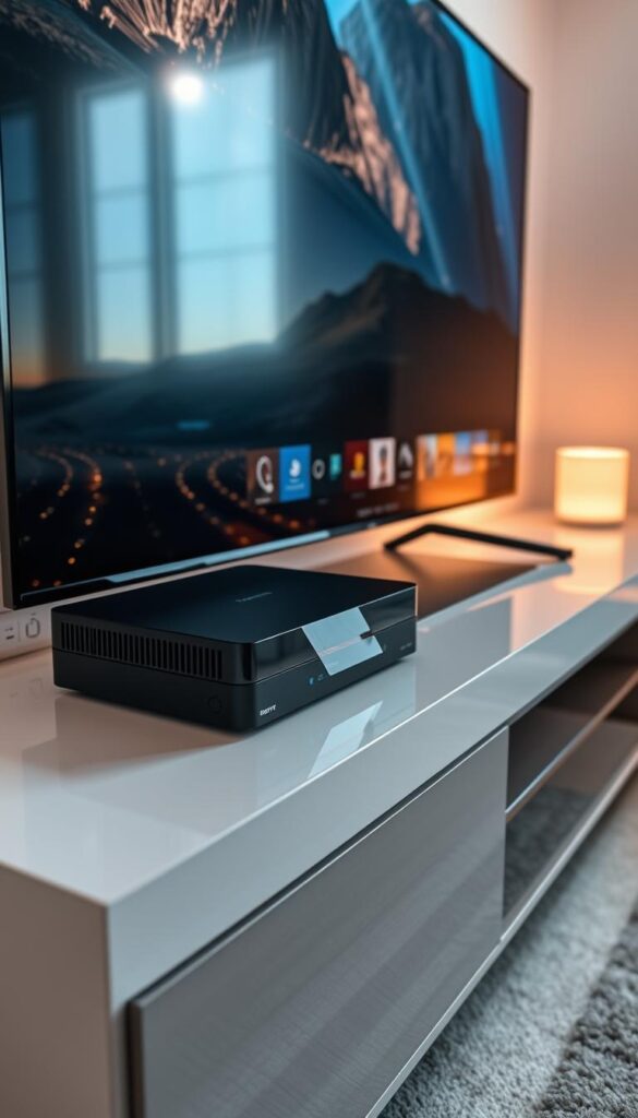 A sleek, modern setup for Hoxtoon Provider's premium IPTV service. A high-end cable box or streaming device sits atop a polished, minimalist TV stand, its clean lines and neutral tones creating a sophisticated ambiance. Soft, indirect lighting from concealed sources casts a warm glow, while a large, high-definition display dominates the frame, showcasing the vibrant, cinematic quality of the IPTV content. The setup is arranged against a neutral backdrop, allowing the technology to take center stage and emphasize the luxurious, user-friendly experience of the Hoxtoon Provider IPTV subscription.