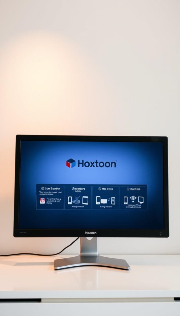 A sleek, modern setup guide for the Hoxtoon Provider IPTV service. The guide is displayed on a high-resolution computer monitor, set against a minimalist, white-walled office or studio backdrop. The monitor screen shows the Hoxtoon logo prominently, along with step-by-step instructions and diagrams for configuring the service. Warm, natural lighting casts a subtle glow, creating a professional, informative atmosphere. The composition emphasizes simplicity and clarity, guiding the viewer through the Hoxtoon setup process. Every element is meticulously arranged to convey a sense of user-friendly technology and reliable IPTV services.