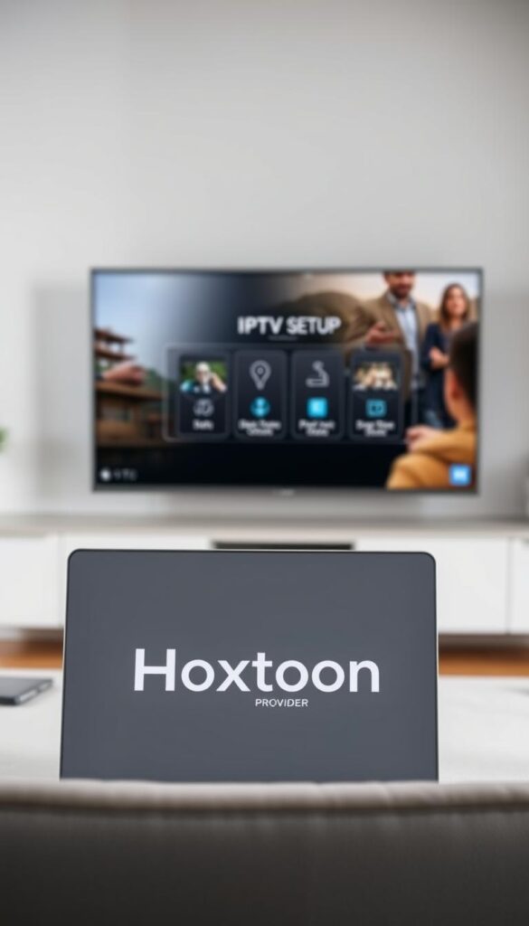 A sleek, modern setup guide for the Hoxtoon Provider IPTV service. The image features a clean, minimalist design with a laptop or tablet displaying step-by-step instructions. The foreground showcases the Hoxtoon Provider branding prominently, with a neutral, elegant color palette of grays, whites, and blues. The middle ground depicts the IPTV setup process, with clear, easy-to-follow visuals. The background is a blurred, out-of-focus scene, keeping the focus on the setup guide. The lighting is soft, diffused, and natural, creating a professional, informative atmosphere. The camera angle is slightly elevated, giving the image a sense of authority and expertise.