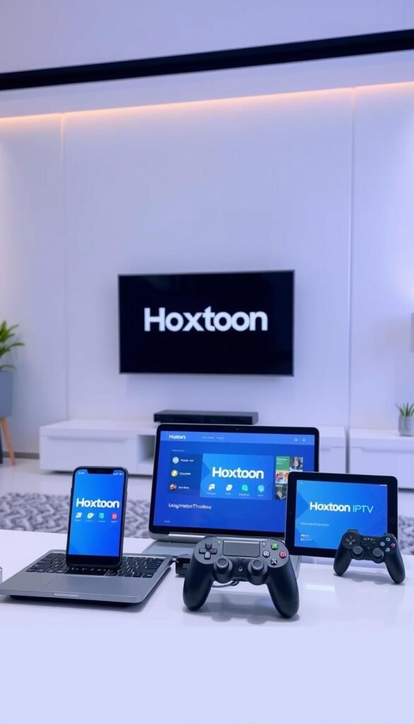 A sleek, modern setup with an array of devices showcasing the versatility of the Hoxtoon IPTV Provider. In the foreground, a smart TV, laptop, and smartphone stand side by side, each displaying the Hoxtoon interface. The middle ground features a gaming console and a tablet, seamlessly integrating the IPTV service. In the background, a clean, minimalist interior with subtle lighting accentuates the high-tech, user-friendly atmosphere. The scene conveys the ease of setting up and accessing Hoxtoon IPTV across a wide range of compatible devices, catering to diverse entertainment needs.