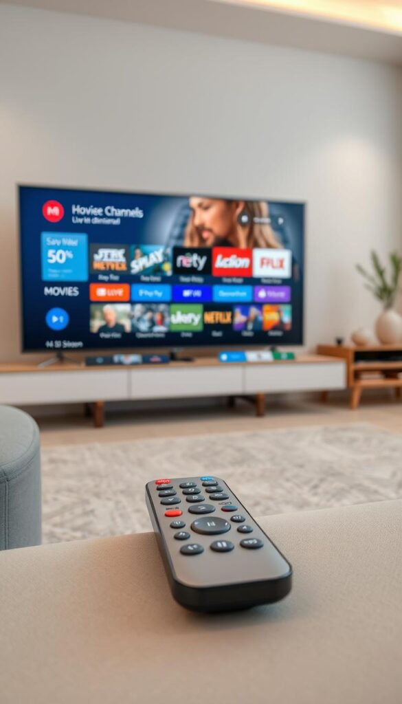 A sleek, modern smart TV displaying the Hoxtoon Provider IPTV service interface. The screen showcases a variety of high-definition live TV channels, on-demand movies, and TV shows, all seamlessly integrated for a premium entertainment experience. In the foreground, a minimalist remote control with intuitive buttons and a directional pad sits ready to navigate the content. The background features a clean, contemporary living room setting with neutral tones and subtle lighting, creating a cozy and immersive atmosphere for the viewer to enjoy their favorite shows and movies.