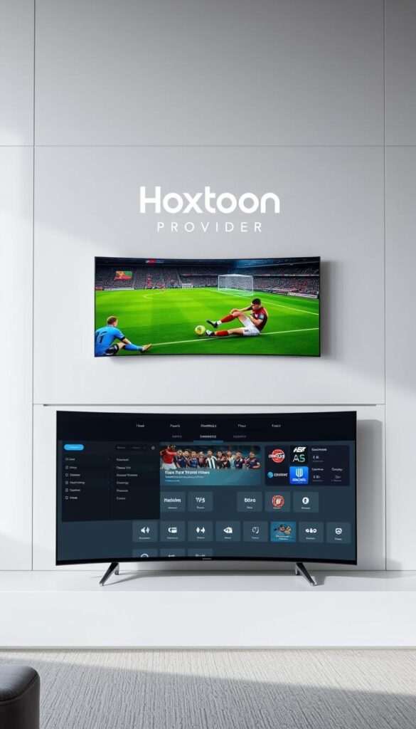 A sleek, modern sports IPTV service interface, prominently displaying the Hoxtoon Provider brand name. In the foreground, a high-definition live sports stream plays on a large, curved screen, immersing the viewer. The middle ground features a clean, minimalist design with intuitive navigation menus, showcasing the extensive sports content library. The background subtly depicts a dynamic cityscape, hinting at the global reach and connectivity of the Hoxtoon sports IPTV service. The overall atmosphere is one of technological sophistication, seamless user experience, and a deep passion for sports entertainment.