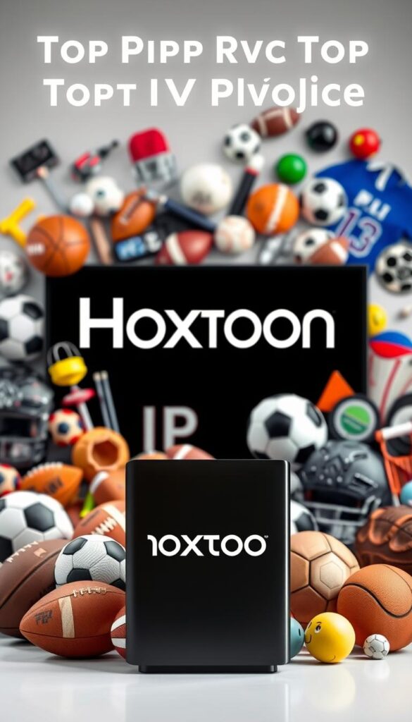 A sleek, modern sports-focused IPTV service surrounded by a variety of popular sports icons and equipment, showcasing its comprehensive coverage and high-quality streaming capabilities. In the foreground, the Hoxtoon Provider logo stands prominently, highlighting its position as the top IPTV choice in the USA. The middle ground features various sports balls, jerseys, and other related accessories, creating a dynamic and engaging visual. The background is softly blurred, allowing the Hoxtoon branding and sports elements to take center stage, conveying a sense of professionalism and expertise in the IPTV industry.