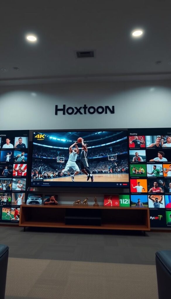 A sleek, modern sports streaming interface showcasing a vast library of on-demand content. In the foreground, a large 4K video player dominates the screen, showcasing a thrilling basketball game in high definition. In the middle ground, a grid of thumbnails highlights the diverse range of sports events available, from football and soccer to tennis and golf. The background features a clean, minimalist design with the Hoxtoon Provider brand name prominently displayed, conveying a sense of premium, high-quality sports entertainment. The lighting is bright and crisp, creating a vibrant, immersive atmosphere that draws the viewer into the action. The camera angle is slightly elevated, providing a cinematic perspective that emphasizes the scale and scope of the on-demand sports library.