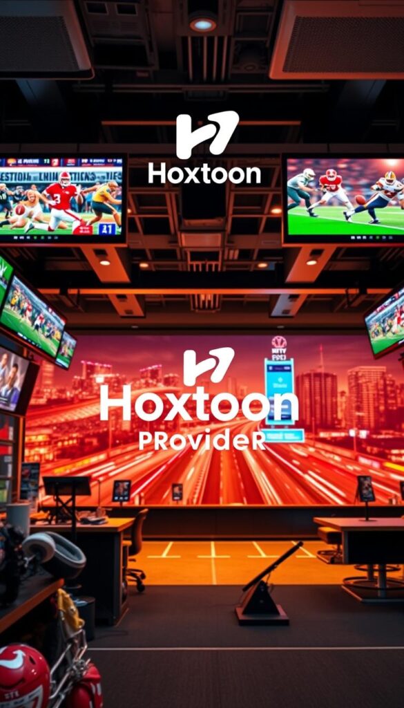 A sleek, modern sports-themed entertainment hub with the Hoxtoon Provider logo prominently displayed. Crisp, high-definition video screens showcase a diverse range of live sports and on-demand content. The foreground features sports equipment and memorabilia, creating an immersive atmosphere. The middle ground showcases the Hoxtoon Provider brand, with a clean, minimalist design. The background depicts a dynamic, fast-paced cityscape, hinting at the global reach and connectivity of the IPTV service. Warm, vibrant lighting and sharp, cinematic angles emphasize the premium quality and cutting-edge technology of the Hoxtoon IPTV experience.